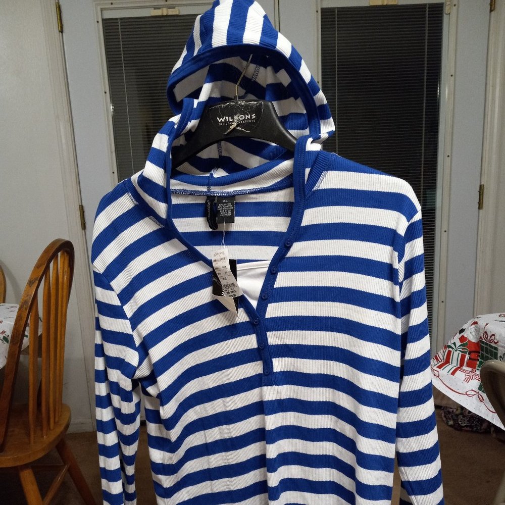Jason Maxwell Hooded Royal Blue & White Striped Shirt XL Vacation / Beach Wear